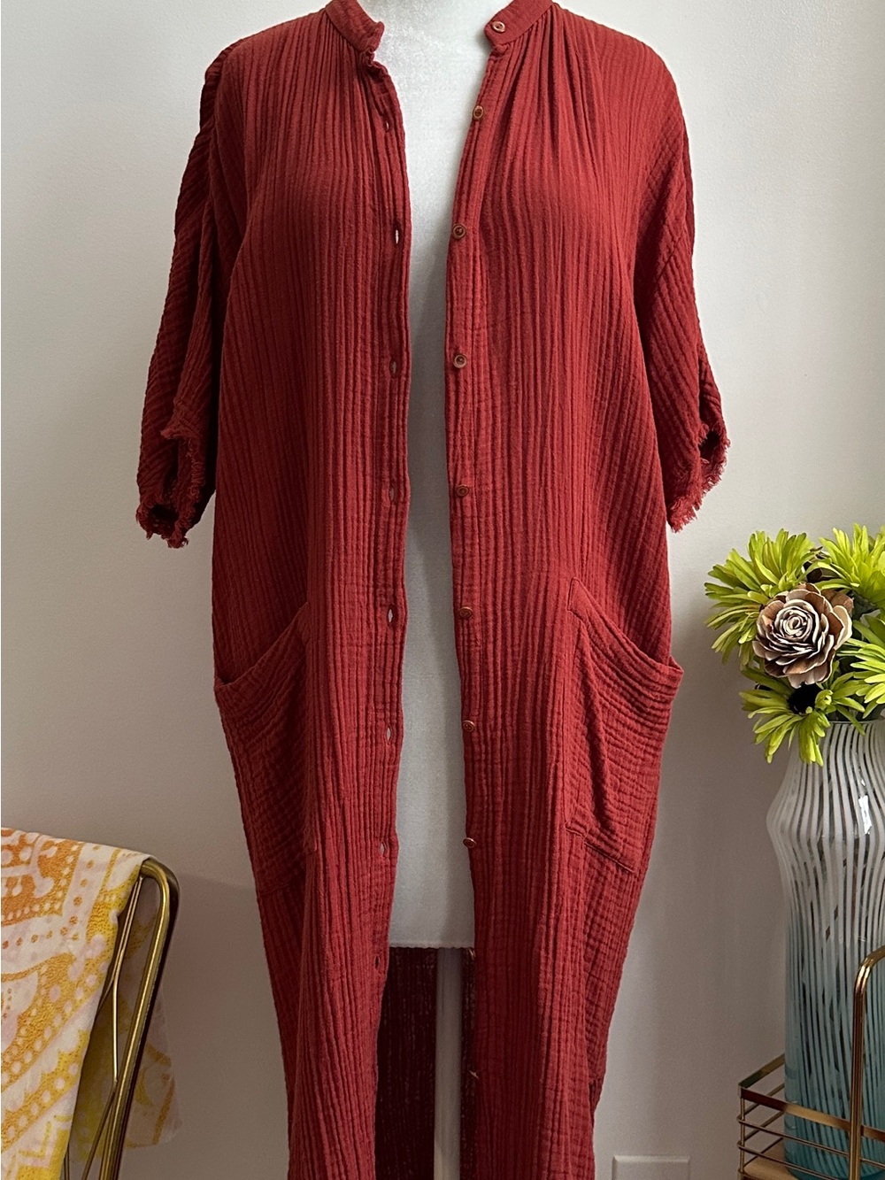 Eileen Fisher Brick Red Crinkle Button-Front Dress - Picture 7 of 11